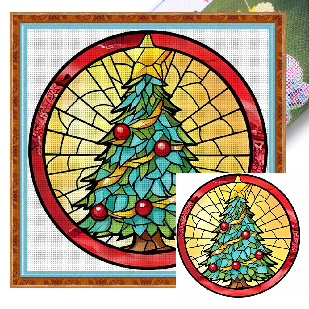Borduurpakket Kerst – Glas-in-lood Kerstman, Kerstboom, Sneeuwpop