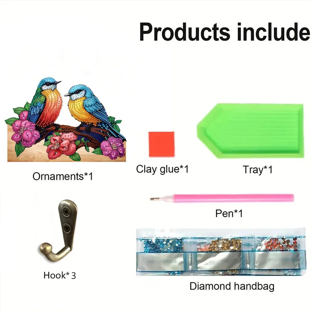 Diamond Painting Kapstok/Sleutelrek – Houten Haakjes met Schattige Vogel