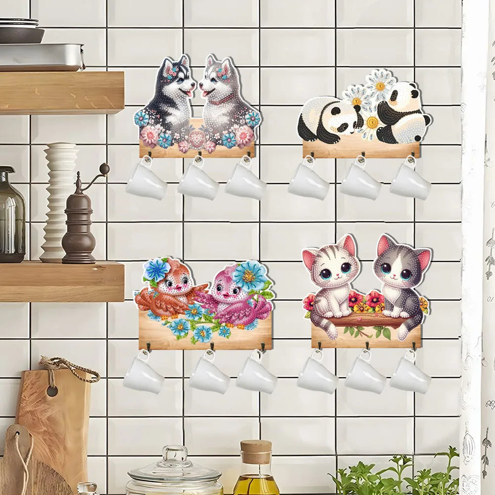 Diamond Painting Kapstok/Sleutelrek – Houten Haakjes met Schattige Dieren