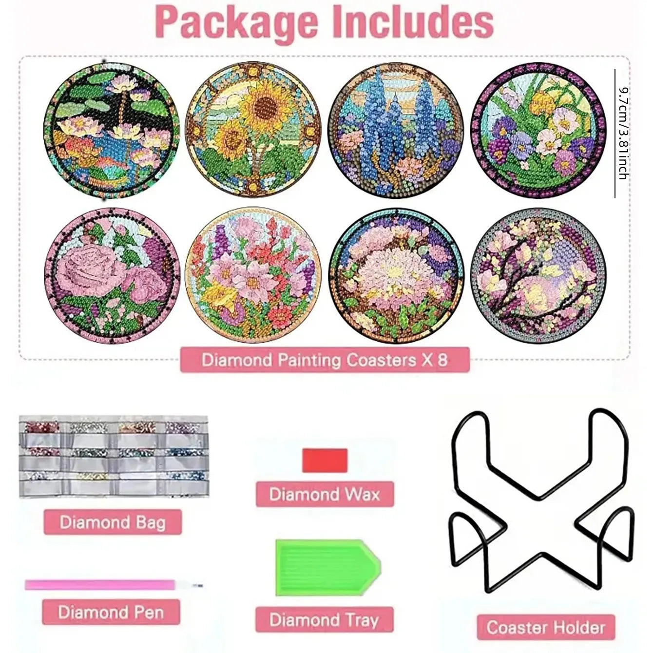 Diamond Painting Onderzetters Bloemen – Set van 8 met Houder