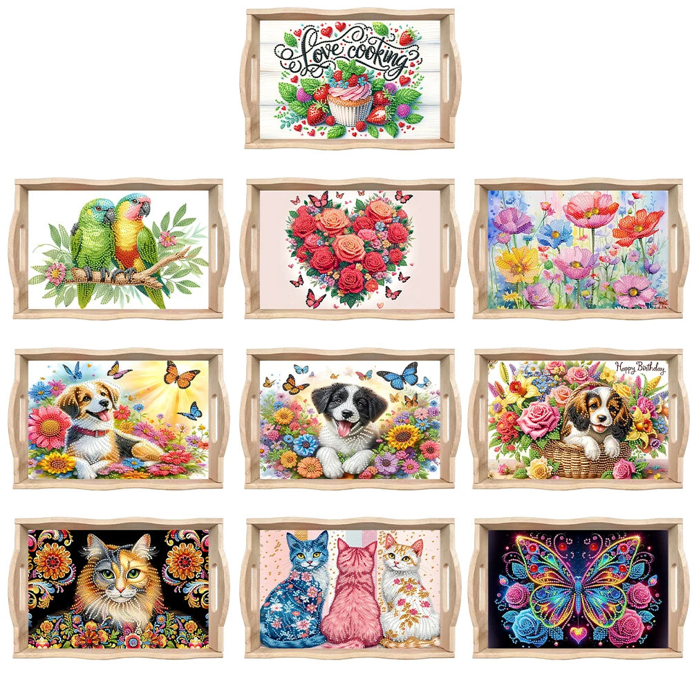 Diamond Painting Dienblad met Handvat - Houten Decoratief Dienblad met Kleurrijke Patronen - Voor Ontbijt, Snacks en Decoratie