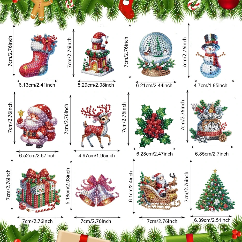 Diamond Painting Sleutelhanger set Kerst – 12 dubbelzijdige hangers - YSK222