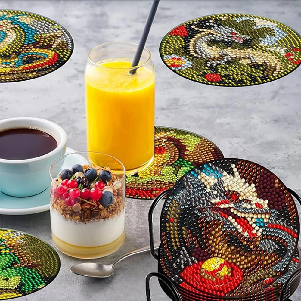 Diamond Painting Onderzetters - Set van 8 met Draken Ontwerp, Inclusief Standaard