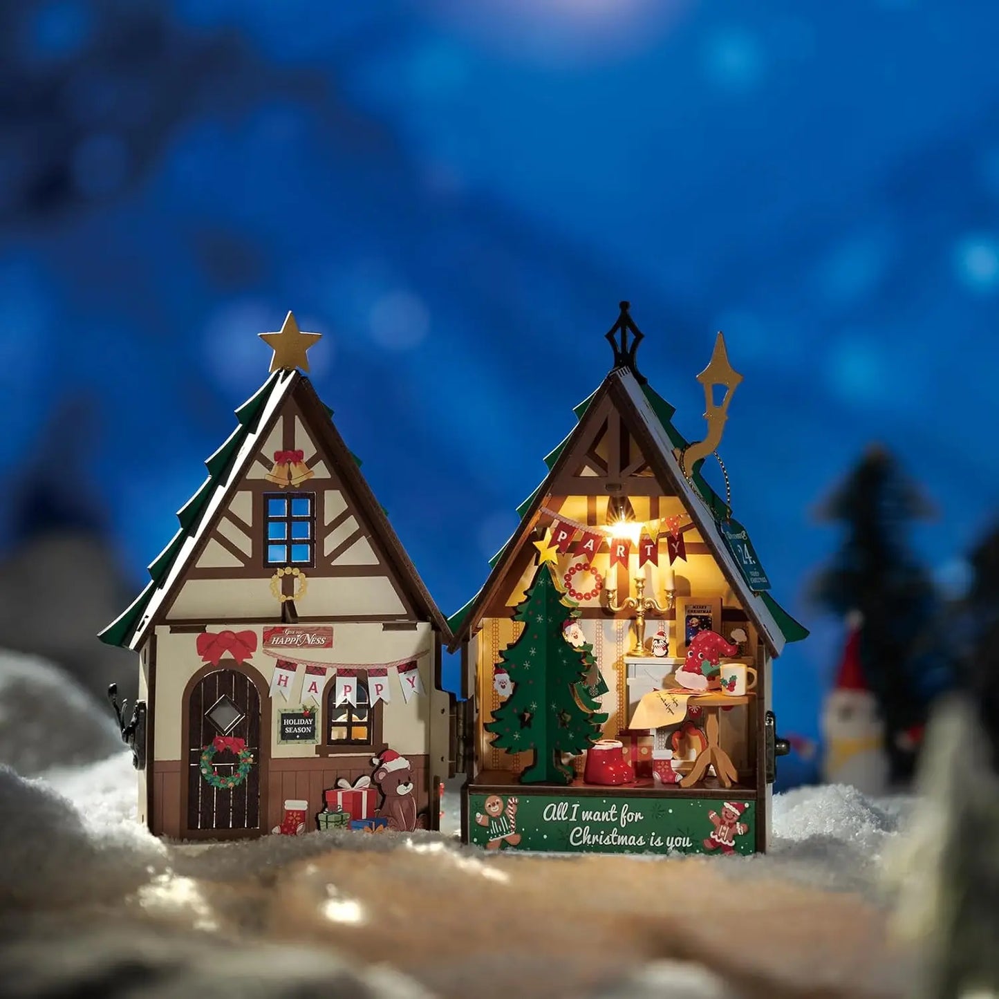 Zelfbouw miniatuur huisje met kersthaard – knus wintertafereel