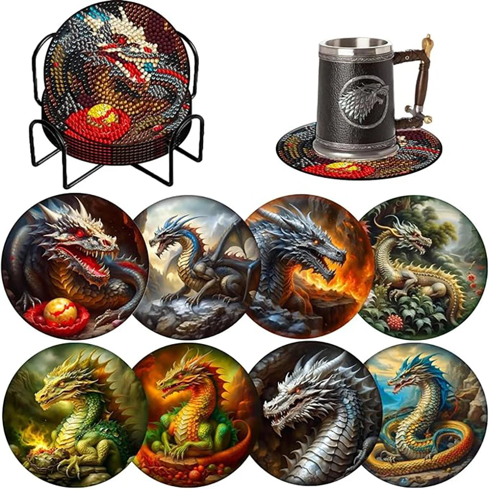 Diamond Painting Onderzetters - Set van 8 met Draken Ontwerp, Inclusief Standaard
