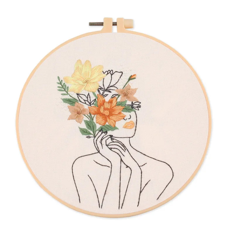 Borduurpakket Rond | Dame met Bloemen | Inclusief Garen en Naalden