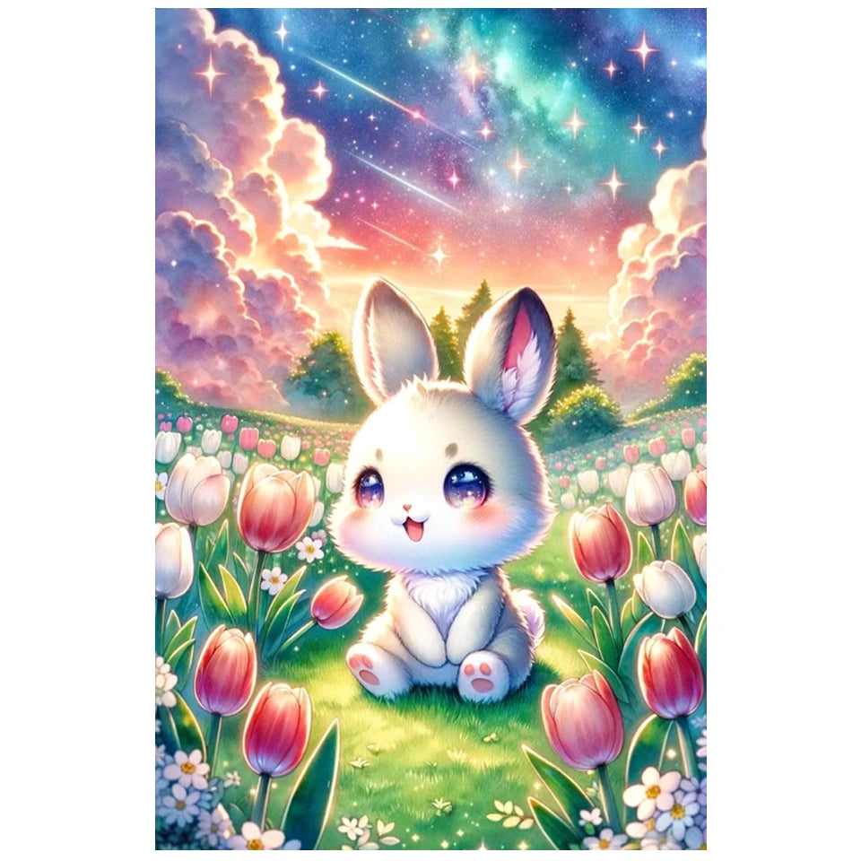 AB Diamond Painting op canvas - Tulp en Konijn met Fairy Dust en AB steentjes