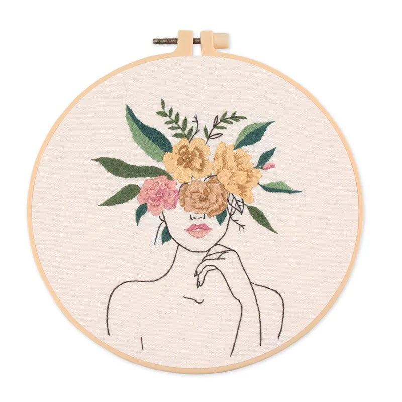 Borduurpakket Rond | Dame met Bloemen | Inclusief Garen en Naalden