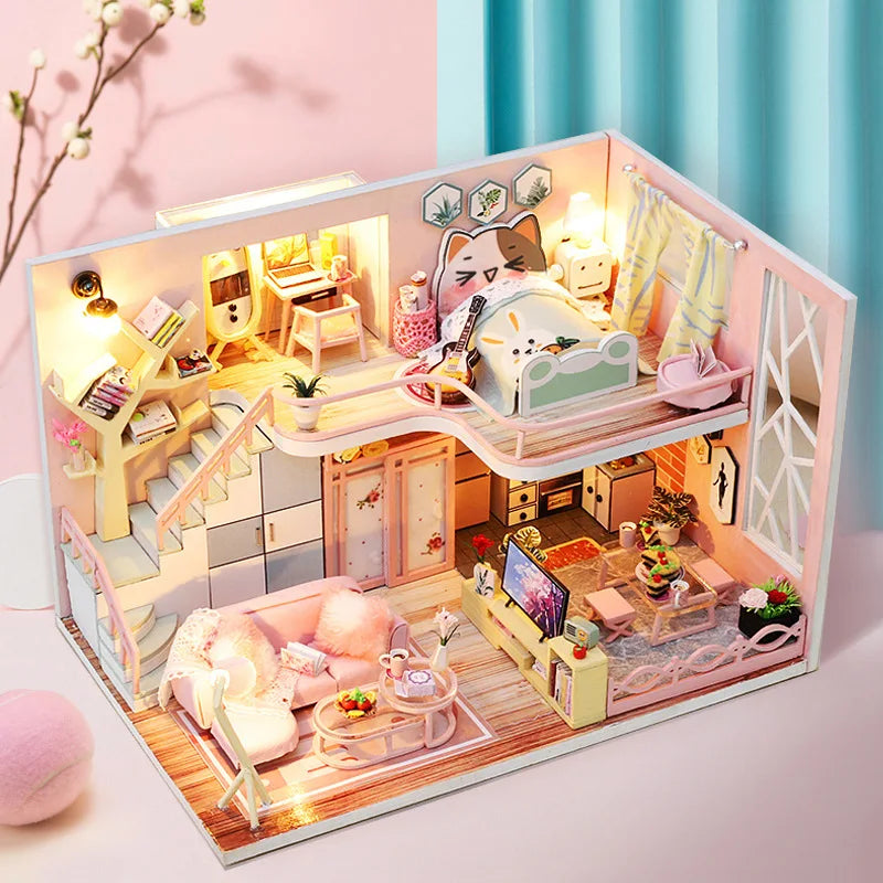 Zelfbouw Miniatuurhuisje met Meubels en Verlichting – Hout en Decoratie