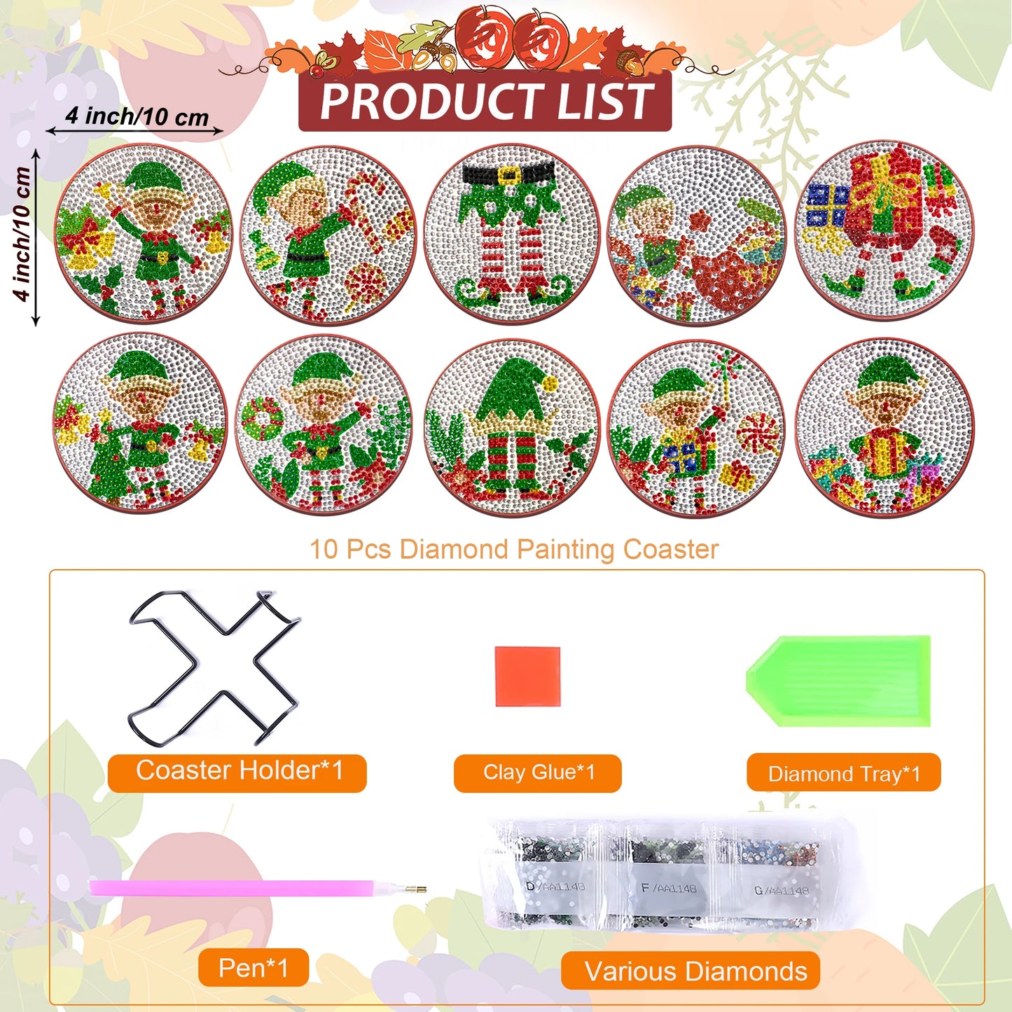 Diamond Painting Onderzetters Kerst – Set van 10 met Houder