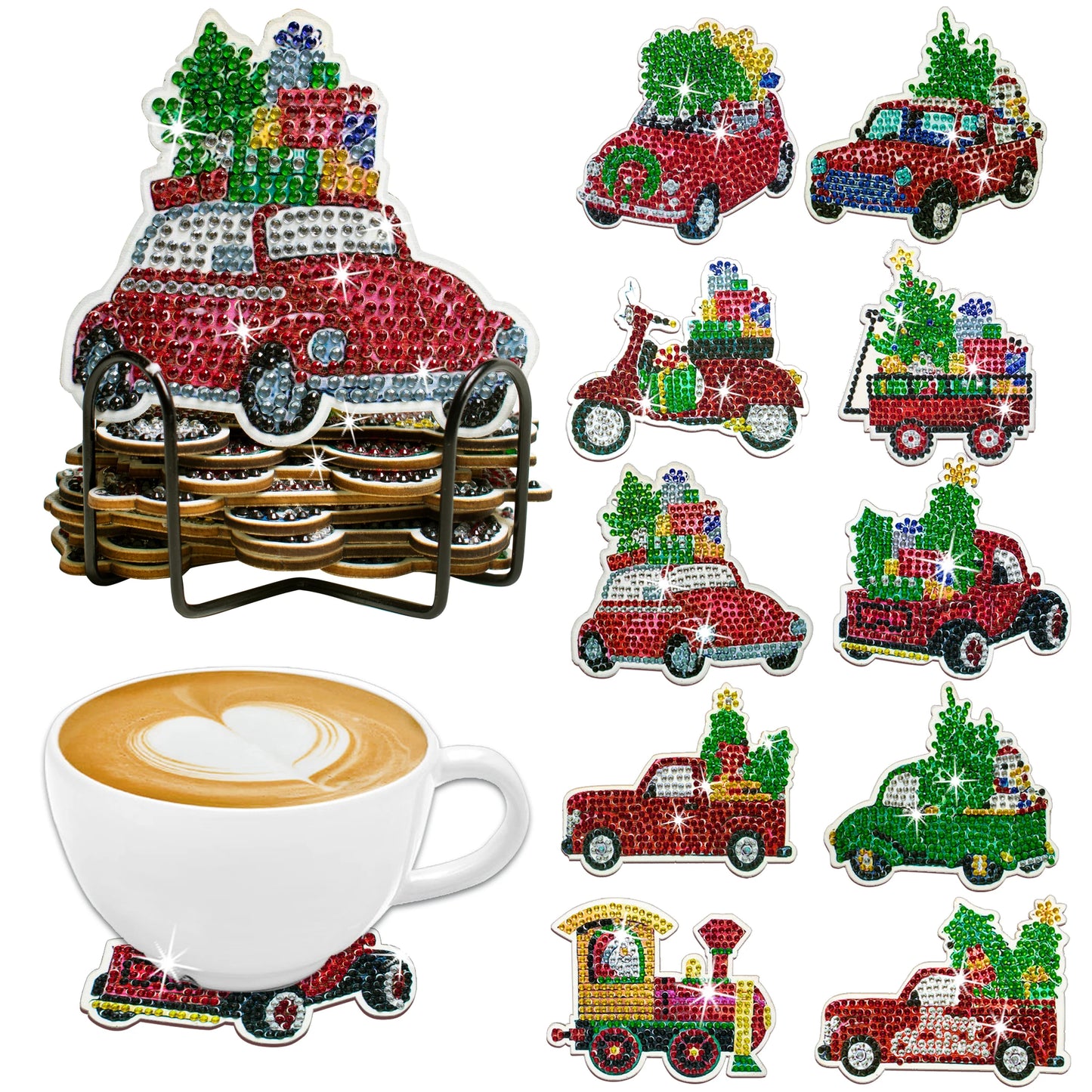 Diamond Painting Onderzetters Kerst Set – 10 Stuks met Houder - Auto