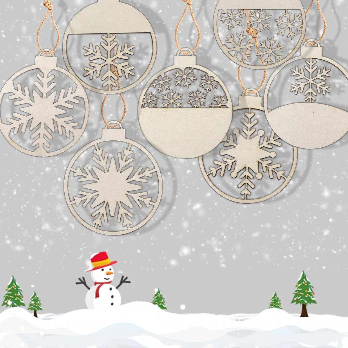 Houten figuur om zelf te kleuren/schilderen Kerstballen met sneeuwvlokken 10 stuks