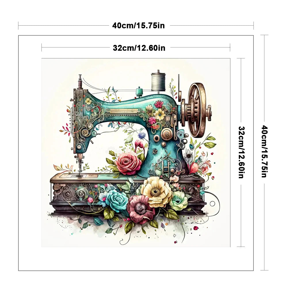 Borduurpakket Bloemmotief met Naaimachine – 40x40cm Complete Set