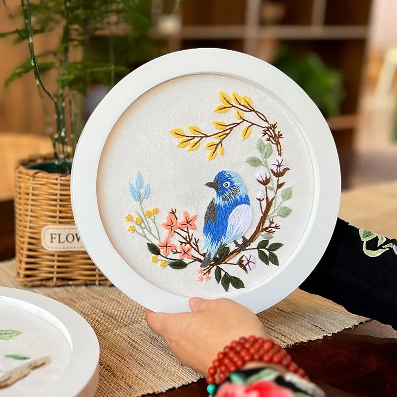 Borduurpakket rond - Bloemen en vogels starterset kruissteek voor beginners