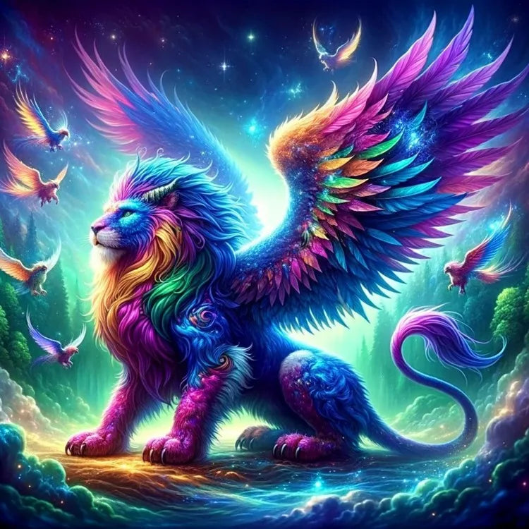 AB Diamond Painting op canvas Fantasy Dieren – Kleurrijke Phoenix, Draak en Leeuw