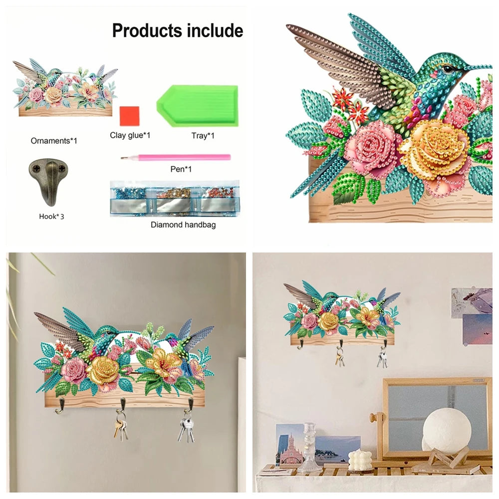 Diamond Painting Kapstok/Sleutelrek – Houten Wandrek met 3 Haken en Diamond Painting Steentjes