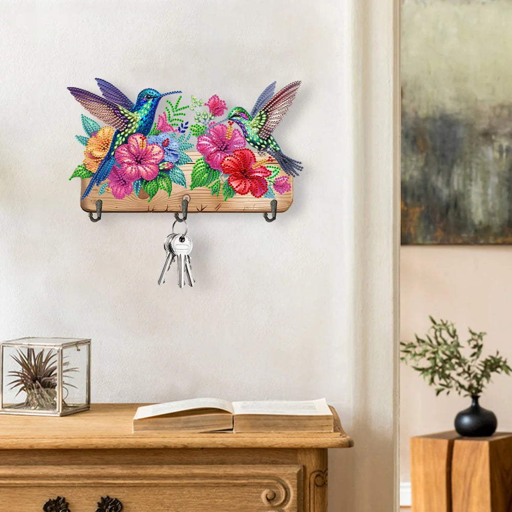 Diamond Painting Kapstok/Sleutelrek - Houten Libelle & Bloemen met Steentjes