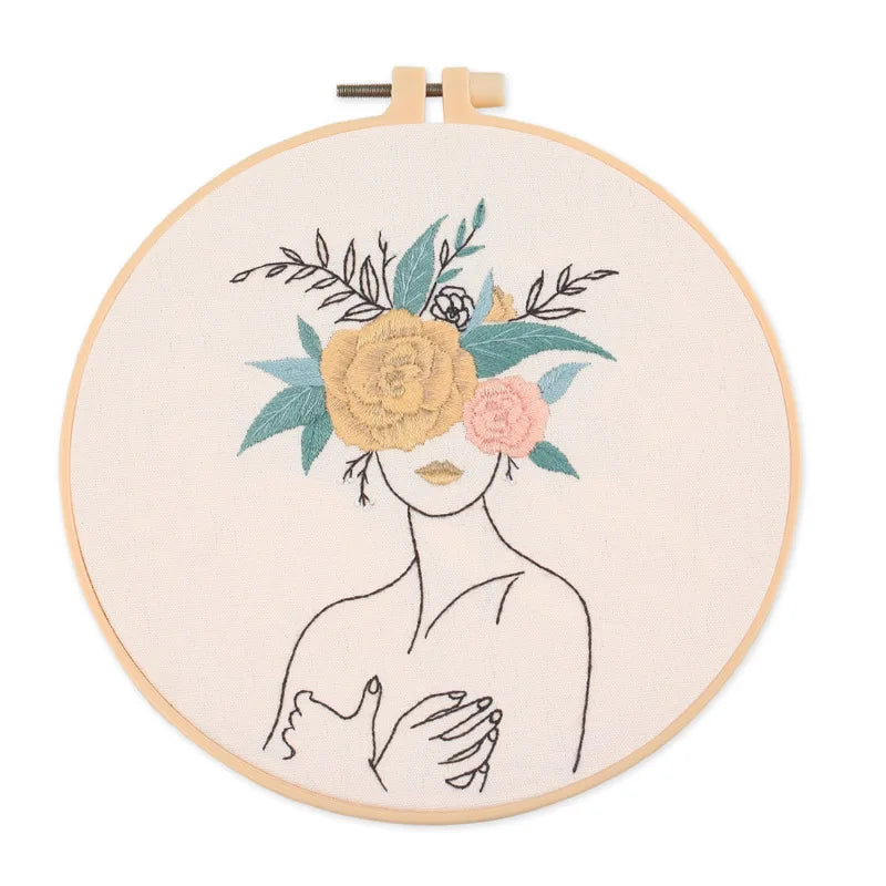 Borduurpakket Rond | Dame met Bloemen | Inclusief Garen en Naalden