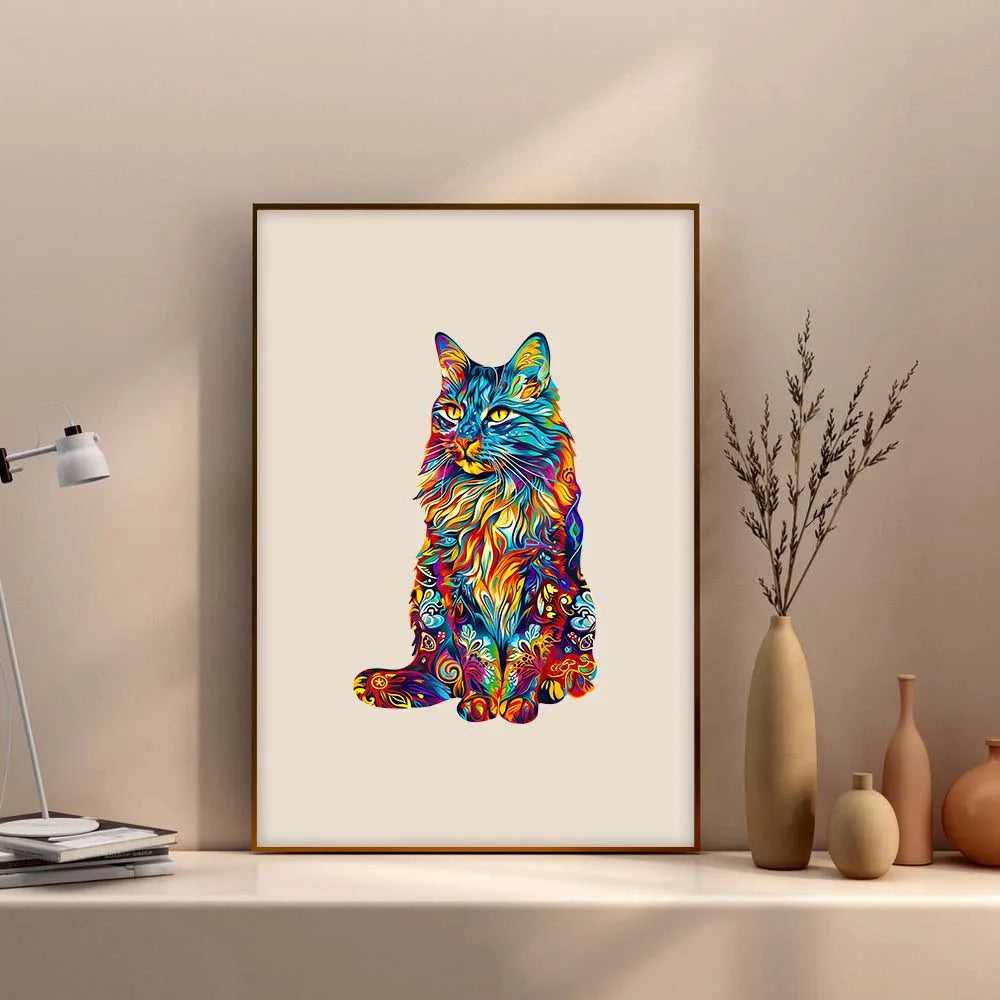 Houten figuren puzzel - Kat in Cadeauverpakking - Unieke en Luxe Geschenkoptie