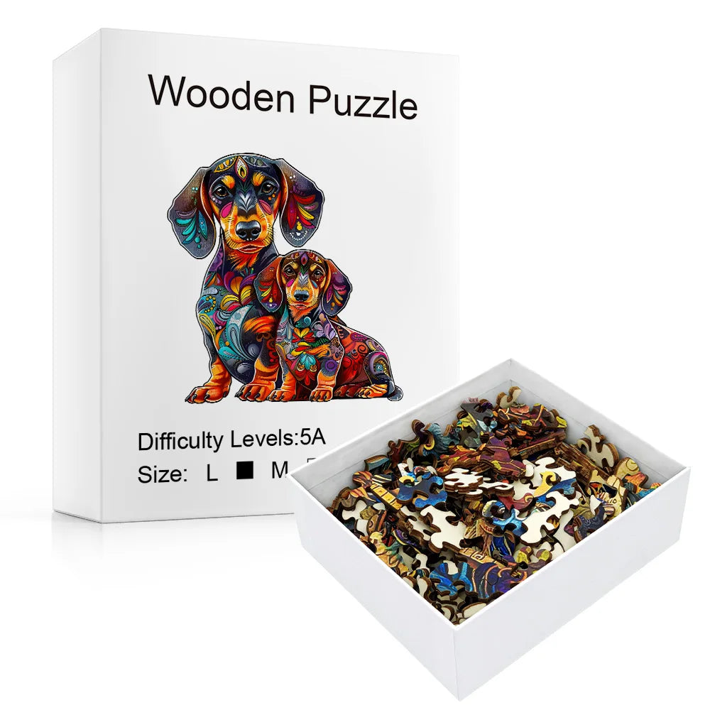 Houten figuren puzzel Teckel - Unieke dierenvormige puzzel - Magische houten puzzel van een hond