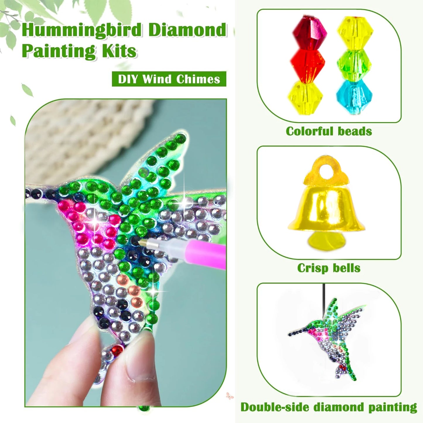 Diamond Painting Windgong Vlinders, Kolibrie en Libelle met Klokjes – Dubbelzijdig