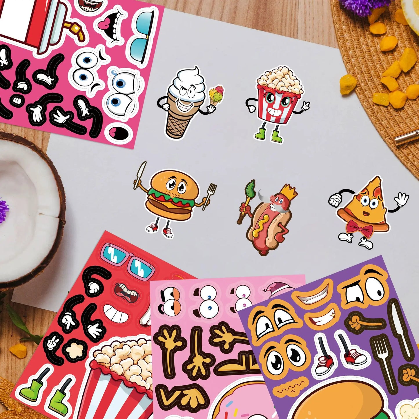 Sticker pret – Cartoon stickers met hamburgers, frietjes & snacks