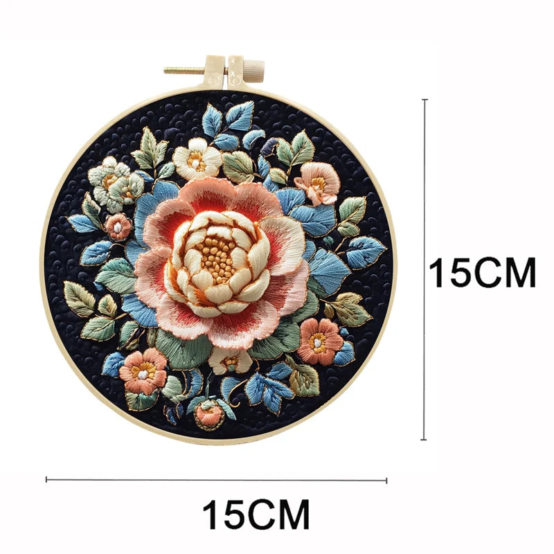 Borduurpakket rond - Retro bloemenpatroon compleet met garen en naald