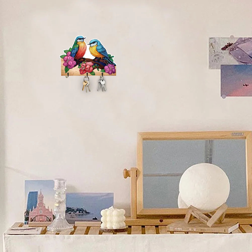 Diamond Painting Kapstok/Sleutelrek – Houten Haakjes met Schattige Vogel