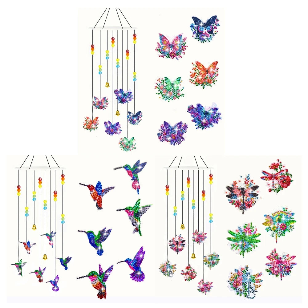 Diamond Painting Windgong Vlinders, Kolibrie en Libelle met Klokjes – Dubbelzijdig