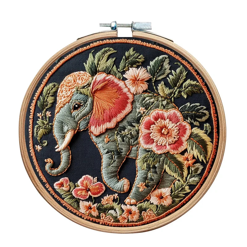 Borduurpakket rond - Olifant kruissteek met garen en naalden