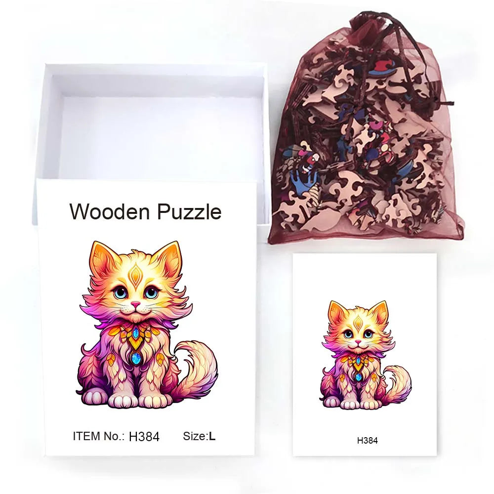 Houten figuren puzzel - Kleurige Kat (Onregelmatige vormen, cadeauverpakking)