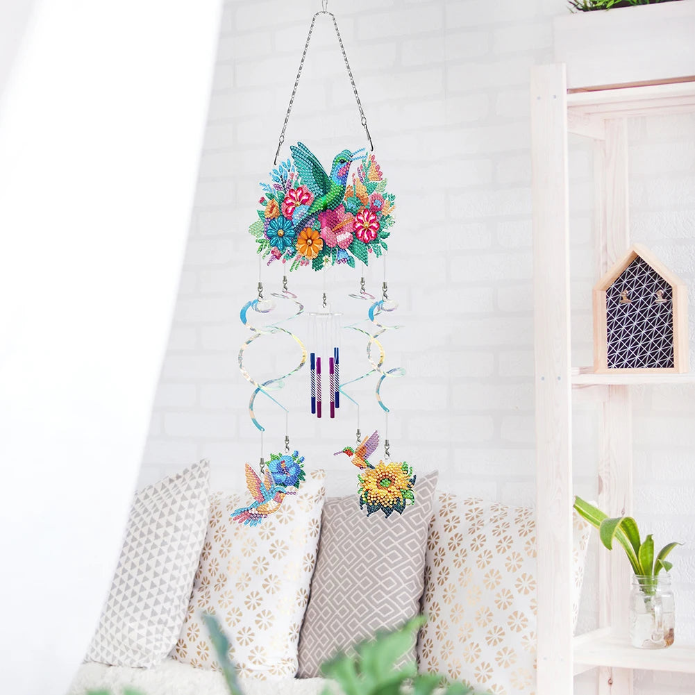 Diamond Painting Windgong met Bloemen, vlinder en Libelle – Dubbelzijdige Hanger met Diamond Painting Steentjes