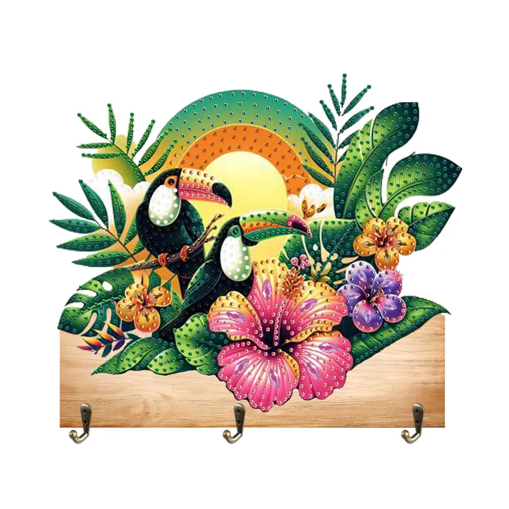 Diamond Painting Kapstok/Sleutelrek – Houten Haakjes met Schattige Vogel