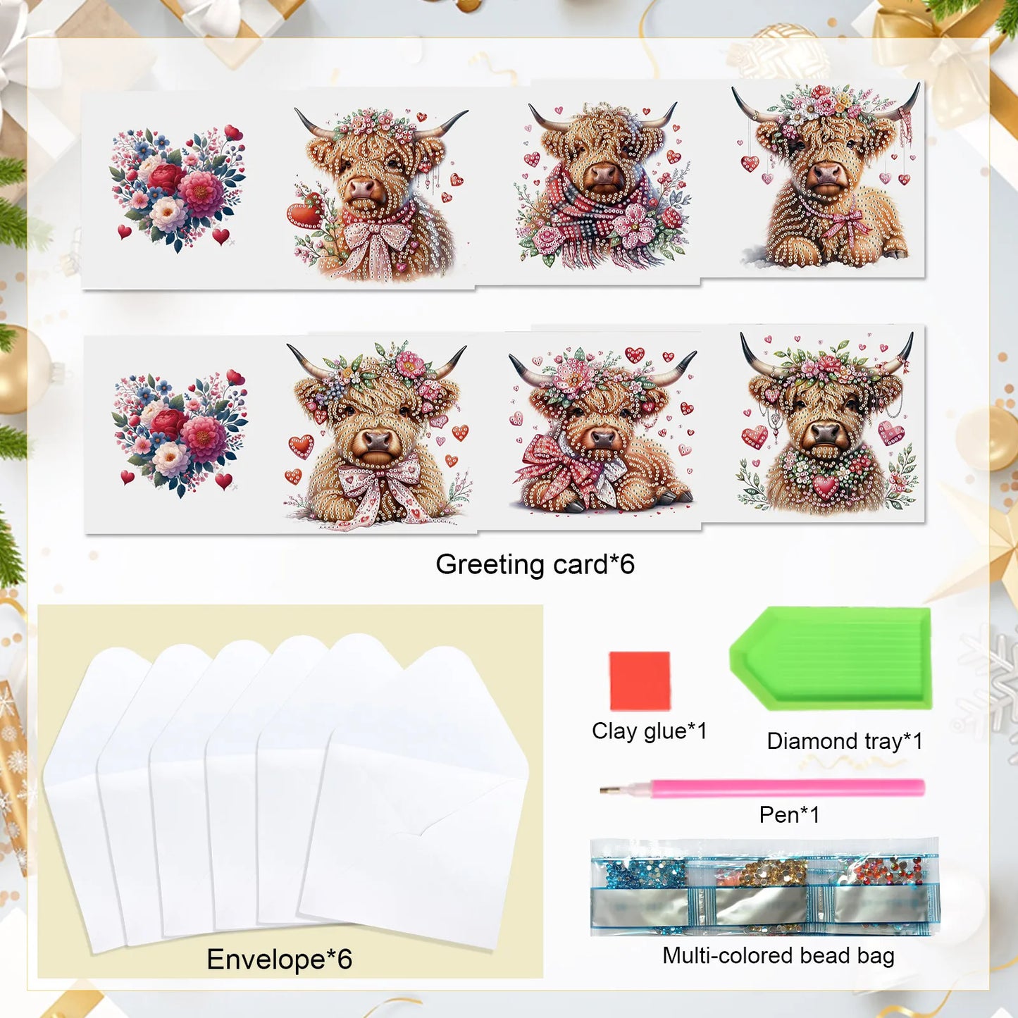 Diamond Painting Wenskaarten set - 6 Stuks met Schattige Koeien Motief