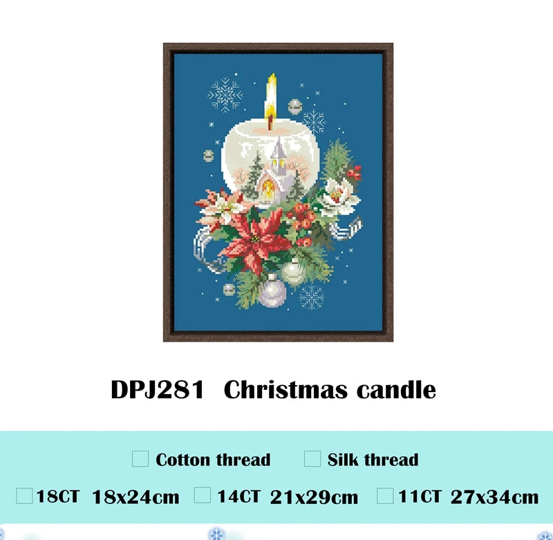 Borduurpakket kerstkaars – telpatroon op blauwe stof (11ct/14ct)