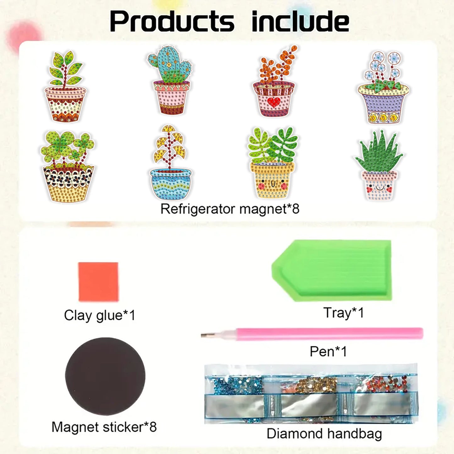 Diamond Painting Magneten – Kleurrijke Vetplanten Set van 8