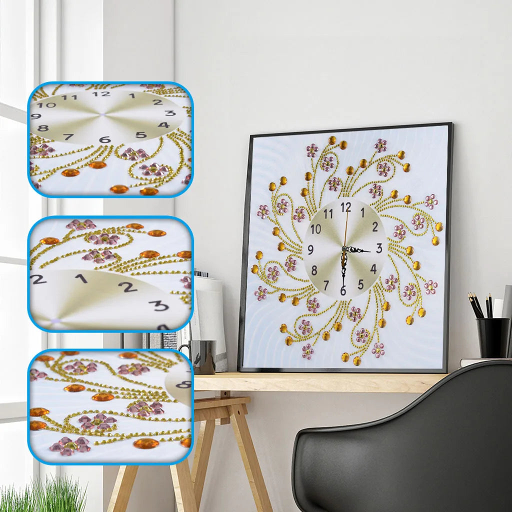 Diamond Painting Klok bloemrijk patroon op canvas – creatieve wanddecoratie