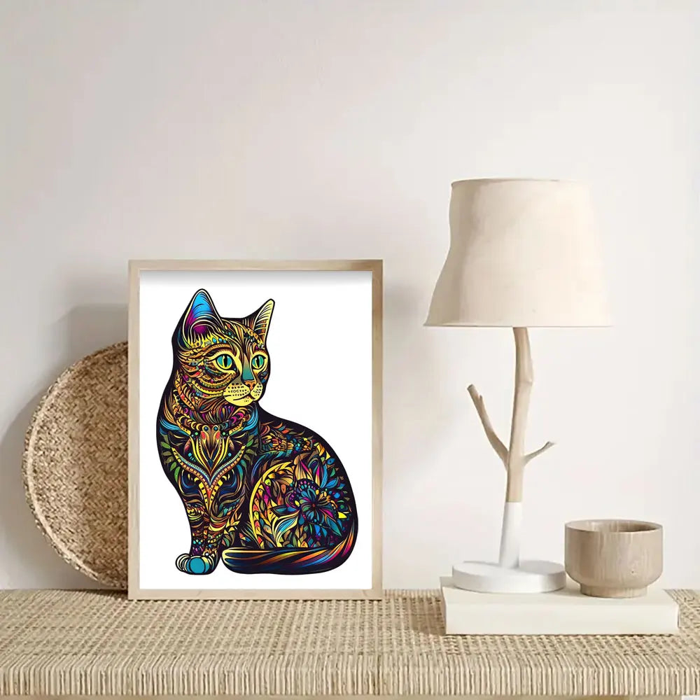 Houten figuren puzzel kleurrijke kat uniek cadeau voor volwassenen