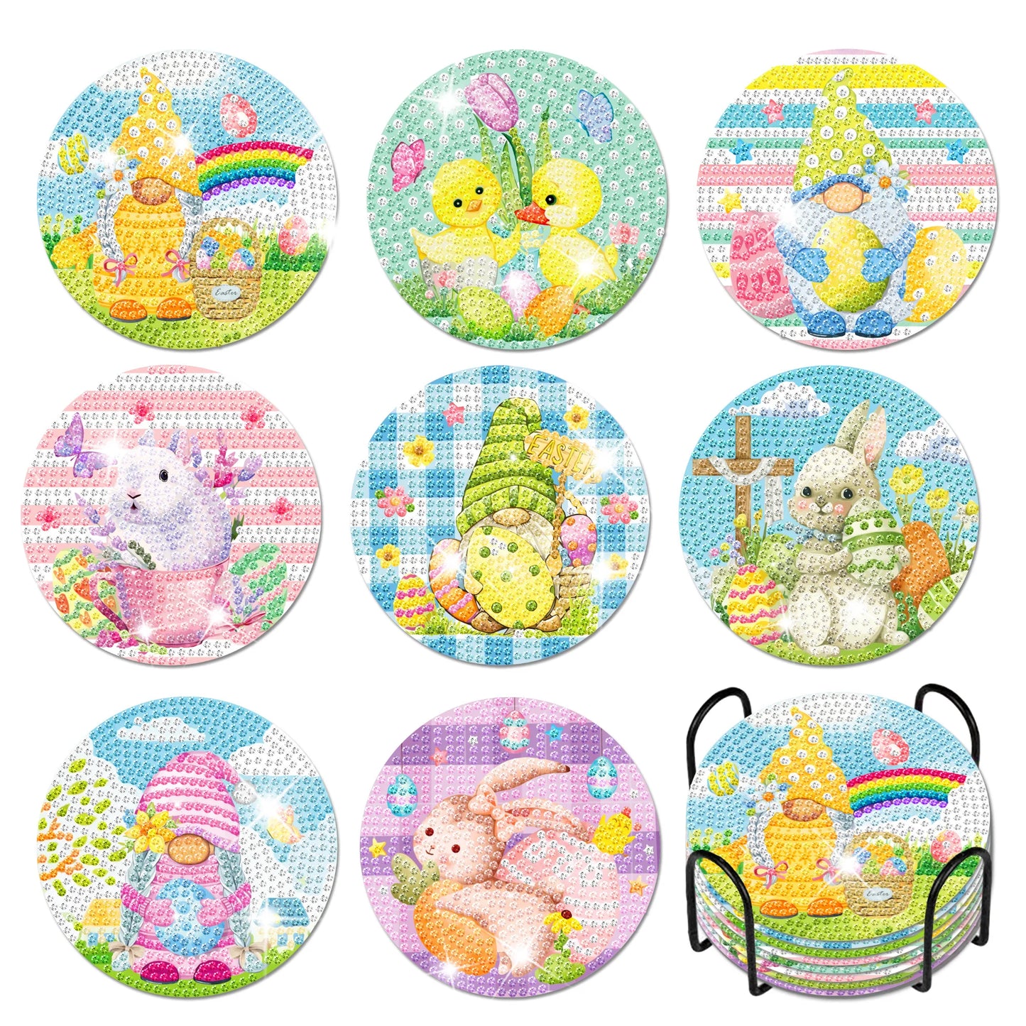 Diamond Painting Onderzetters - 8 Stuks Paas Kip met Houder