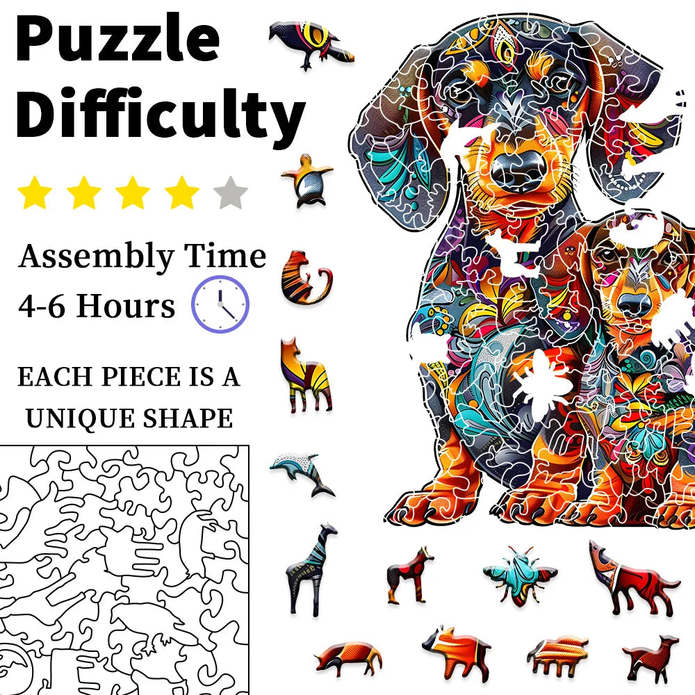 Houten figuren puzzel Teckel - Unieke dierenvormige puzzel - Magische houten puzzel van een hond