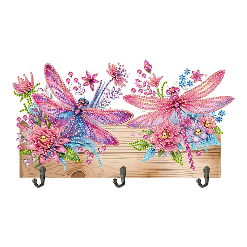 Diamond Painting Kapstok/Sleutelrek - Houten Libelle & Bloemen met Steentjes