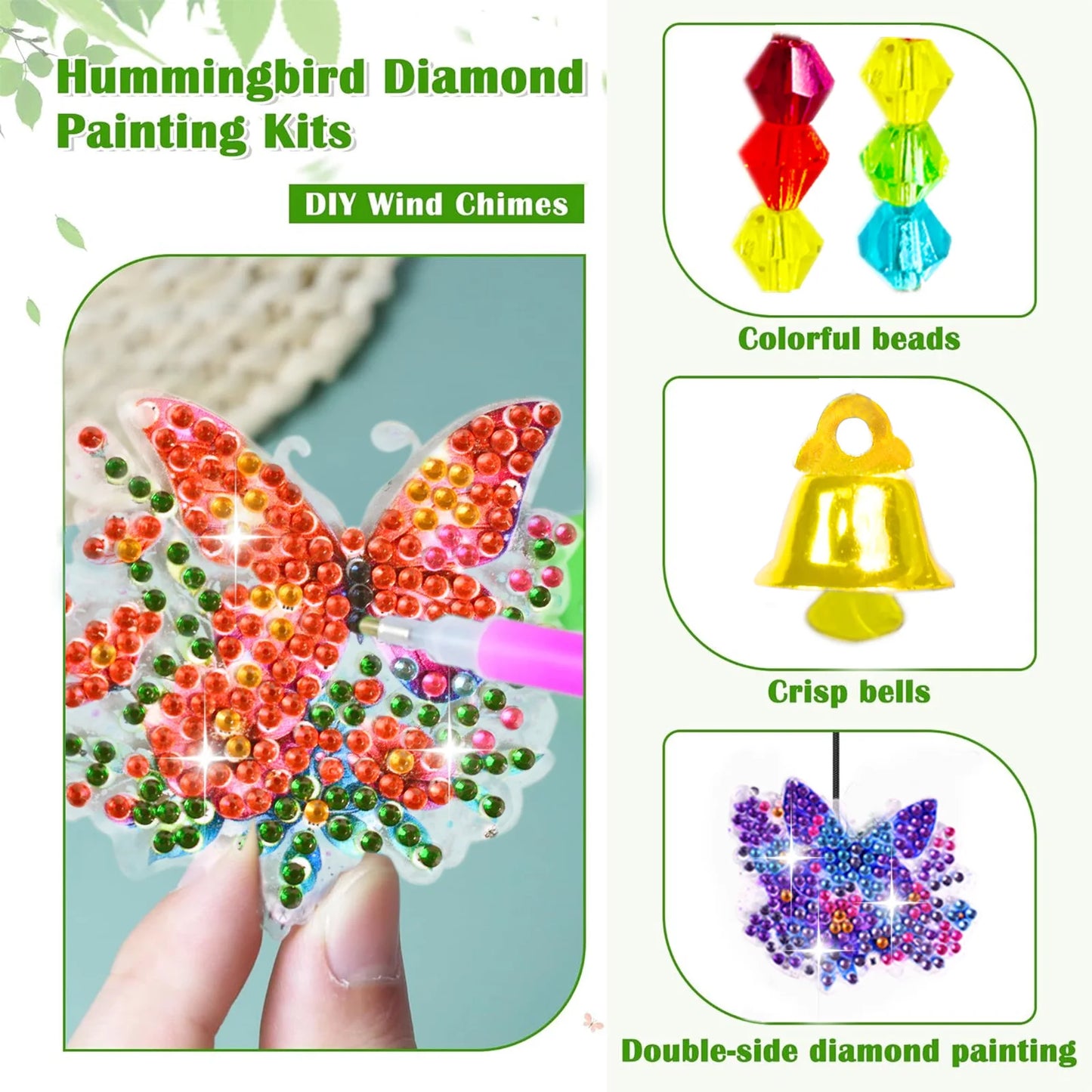 Diamond Painting Windgong Vlinders, Kolibrie en Libelle met Klokjes – Dubbelzijdig
