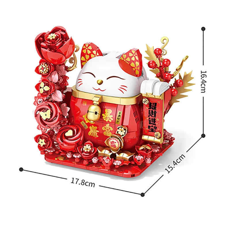Bouwpakket Gelukskat Maneki Neko – Rijke Kat Bouwstenen Speelgoed