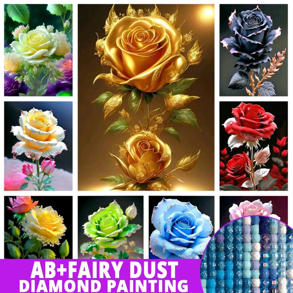 AB Diamond Painting op canvas – Gouden Rozen – Volledige bedekking – Keuze uit ronde of vierkante AB/Fairydust steentjes