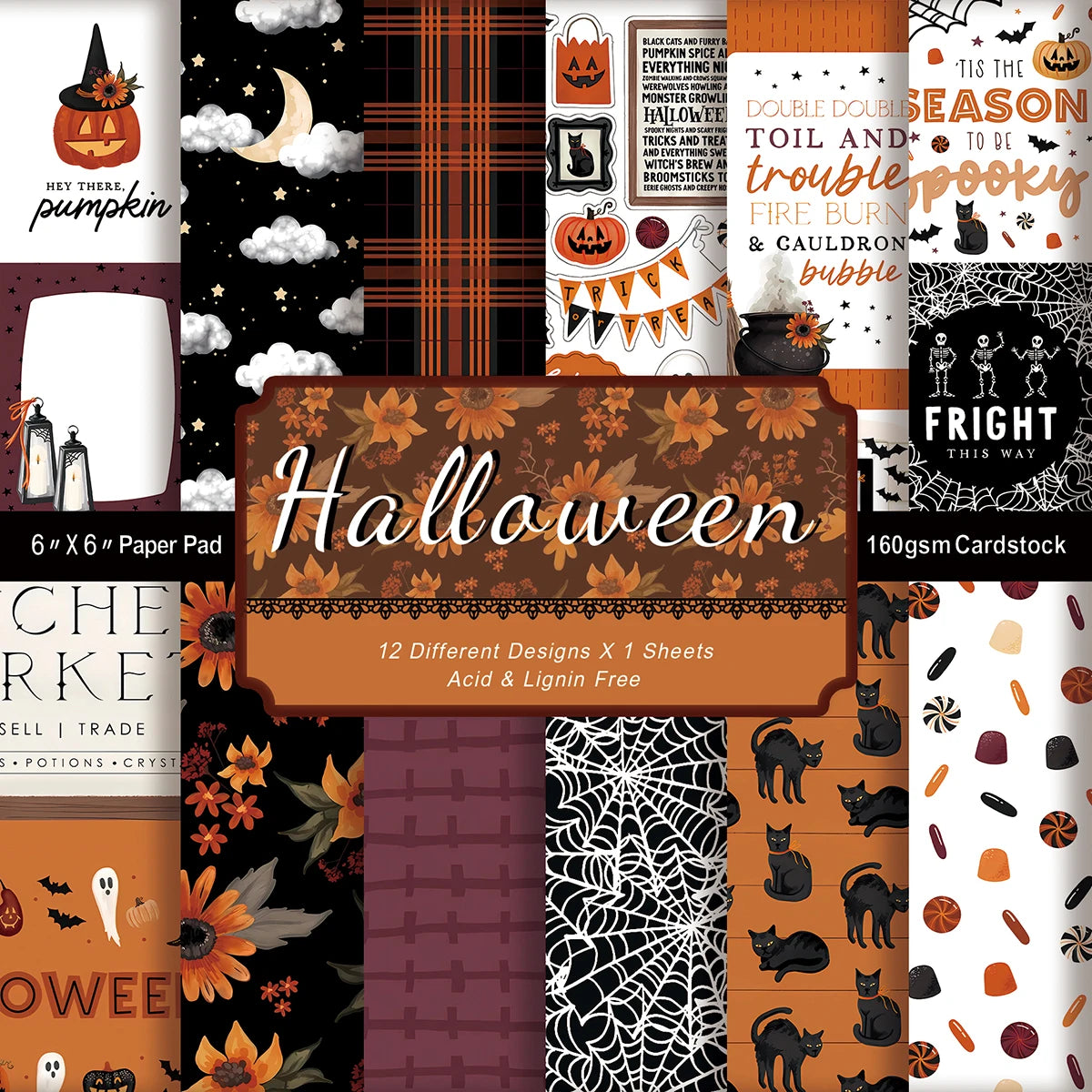 Halloween Scrapbook Papierblok - 12 Vellen, 15x15 cm, Enkelzijdig
