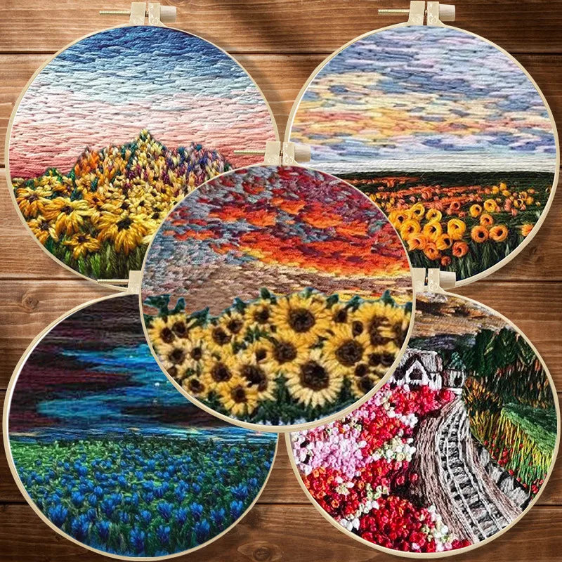 Borduurpakket Rond – Bloemenlandschap in 3D Kruissteek