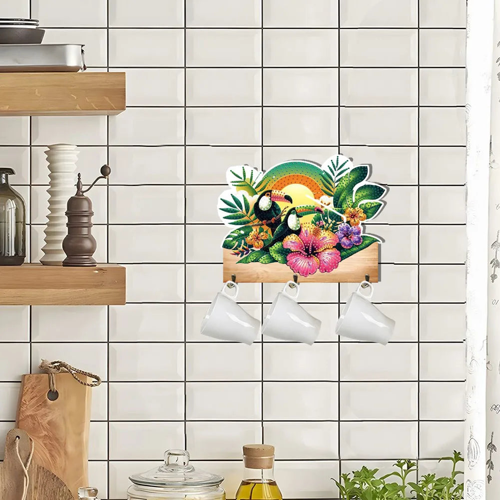 Diamond Painting Kapstok/Sleutelrek – Houten Haakjes met Schattige Vogel