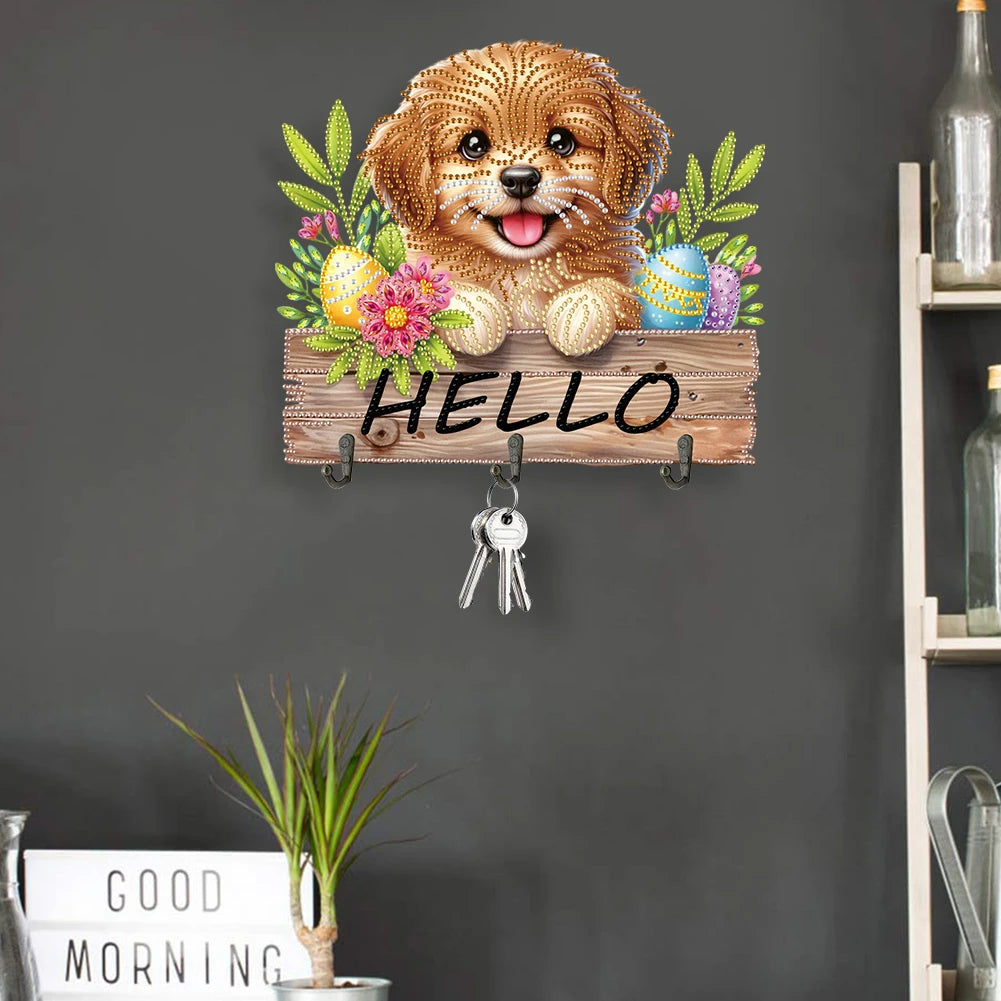 Diamond Painting Kapstok/Sleutelrek - Vrolijk Pasen met Houten Haakjes en Diamond Painting Steentjes
