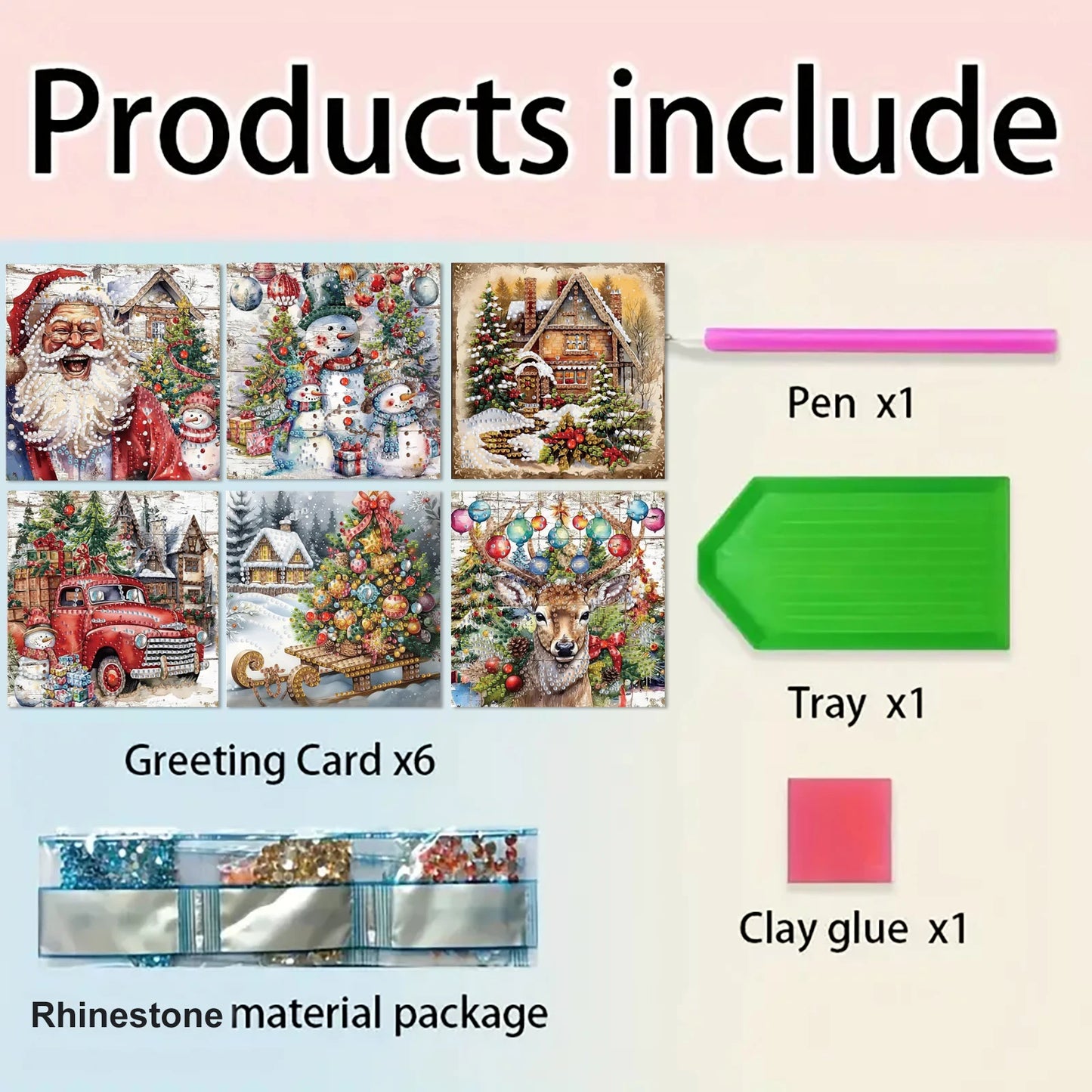 Diamond Painting Kerstkaarten Set met 6 Luxe Wenskaarten en Enveloppen - HK027