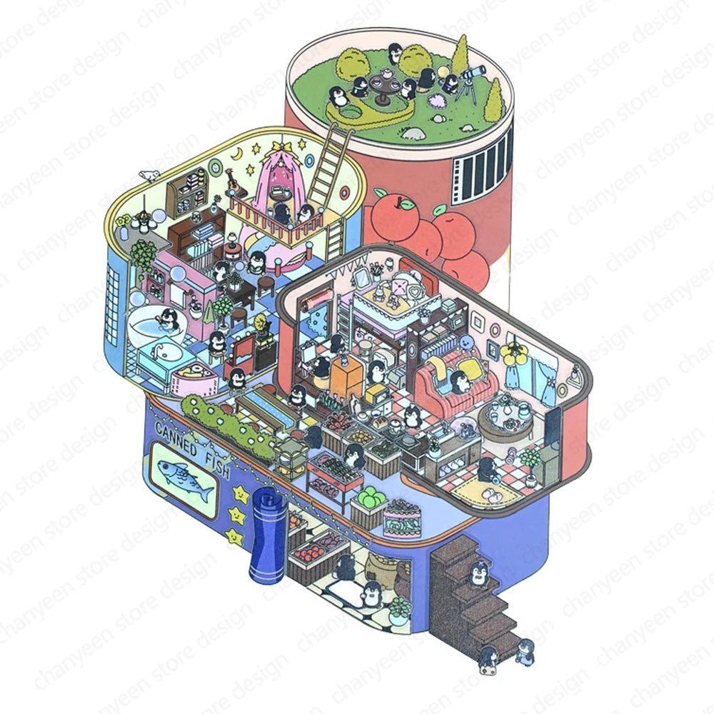Sticker homestyling set cartoon konijn en pinguïn cabin scene interieurdecoratie